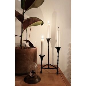 Modernist Black Wrought Iron Bamboo 3 Tier Taper Candle Holder Tripod Candelabra